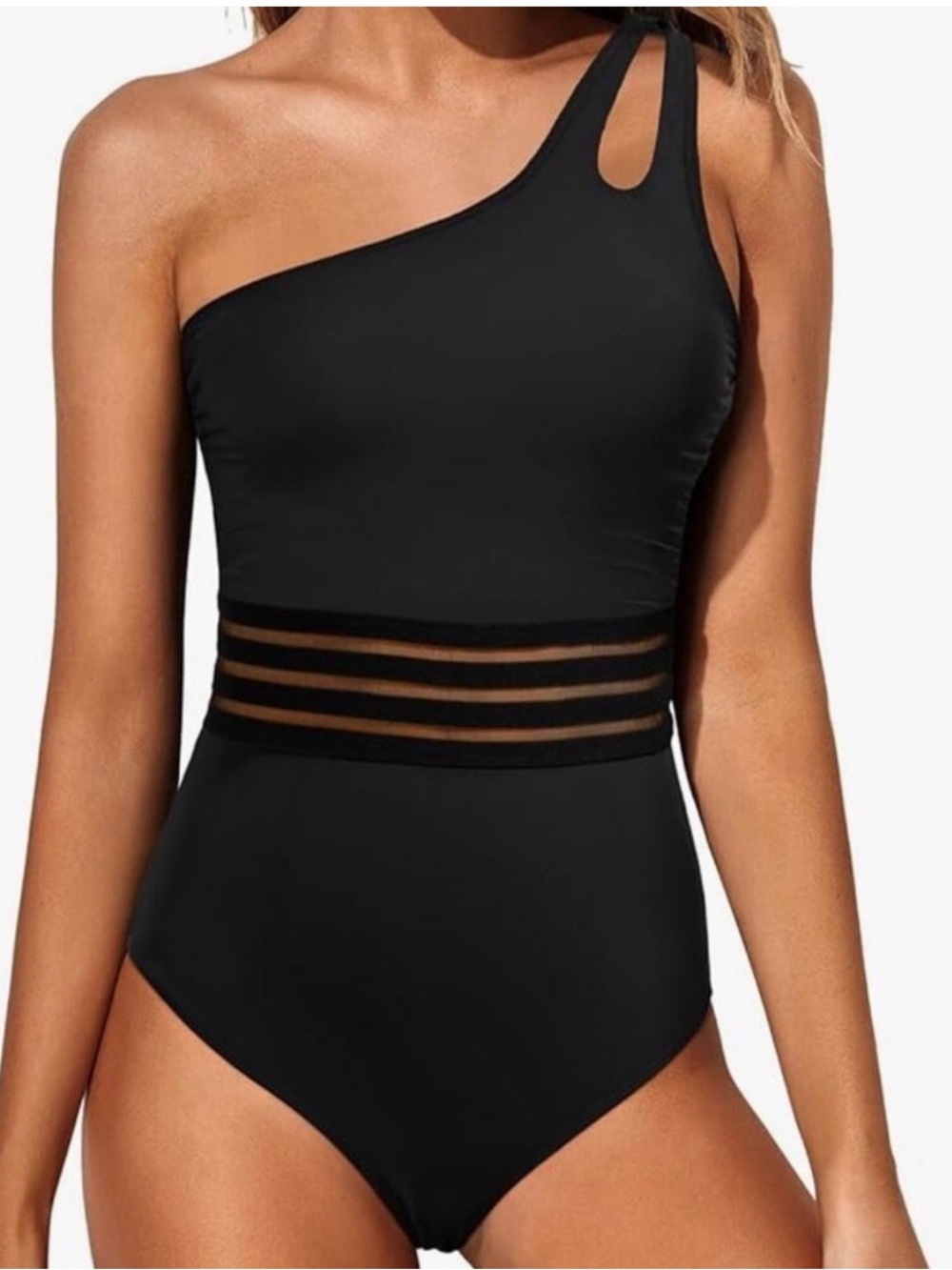 Asymmetric One-Shoulder Black Swimsuit with Sheer Stripe Waist